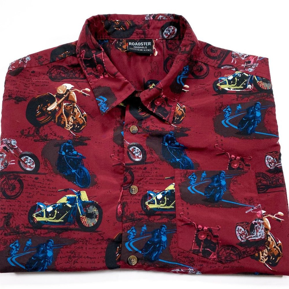 Roadster Originals RDST Men's L All Over Motorcycle Print Short Sleeve Button